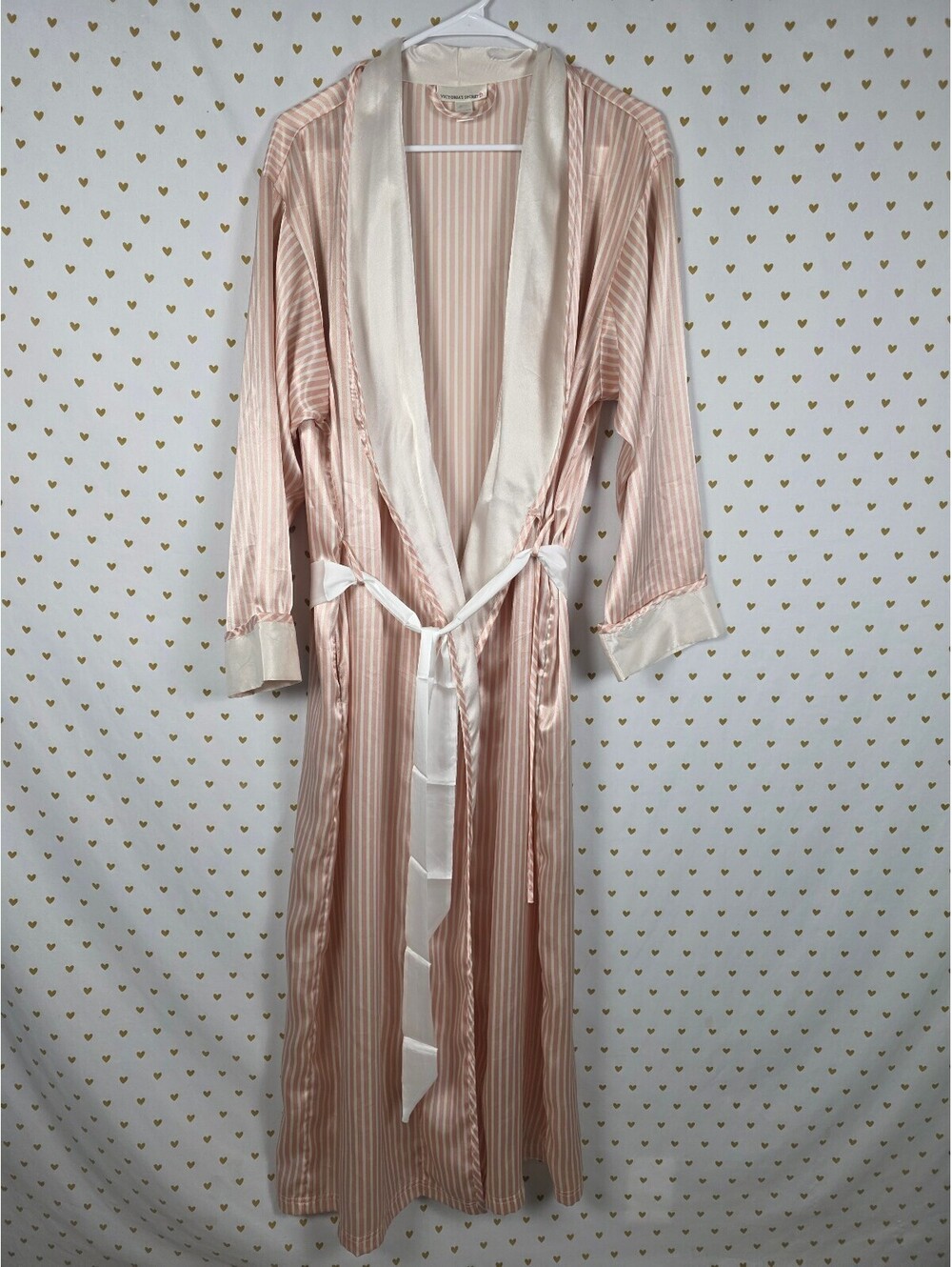 Vintage Victoria's Secret Satin Robe M Pink White Stripe Long Maxi Hong Kong